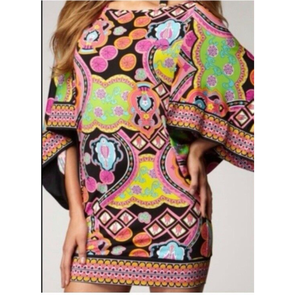TRINA TURK mini dress bathing suit cover up flare sleeves pink green size small
